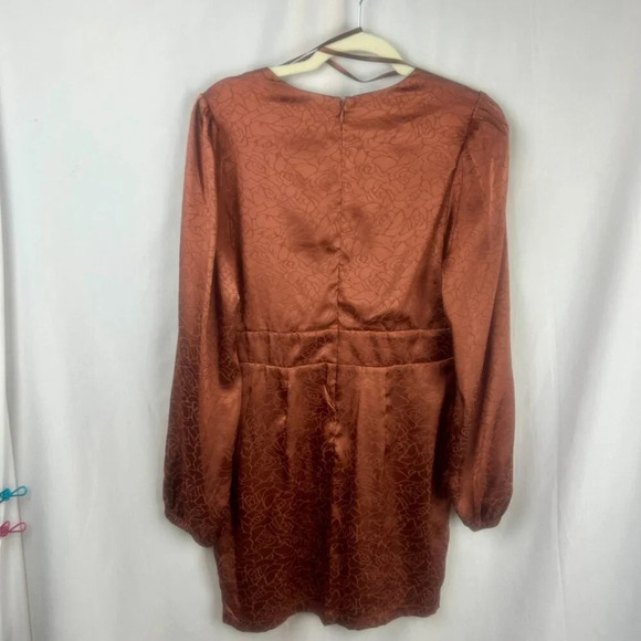 NEW Bebe Satin Button Up Jacquard Mini Dress Women Medium Copper Rust‎ Orange - Picture 8 of 10